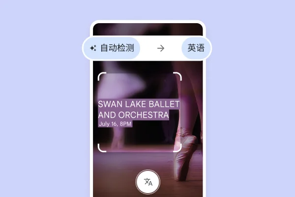 网站上显示了踮着脚的芭蕾舞鞋,以及翻译后的文字:“Swan Lake ballet and Orchestra, July 16, 8pm”(7 月 16 日晚上 8 点,天鹅湖芭蕾舞与管弦乐演出)